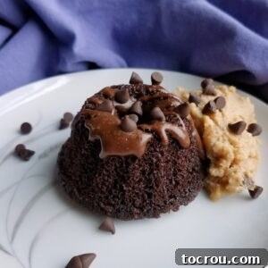 mini chocolate bundt cake with chocolate drizzle, mini chocolate chips and peanut butter whipped cream.