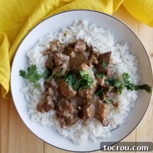 A simple yet satisfying bowl of rice topped with Maw-Maw's delicious curried lamb stew and garnished with fresh herbs.