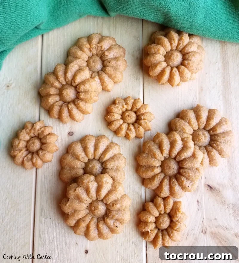 Delicious homemade chili cheese spritz crackers ready for snacking. Flower shaped cheese crackers with flecks of chili powder baked inside, ready to eat.