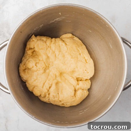 Dough mixture in mixing bowl, ready for the addition of the eggs.