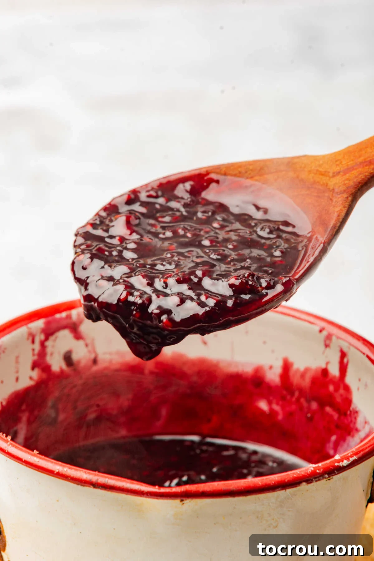 Spoon filled with rich, purple blackberry compote, showing the beautiful texture and how the berries have broken down into a thick mixture.