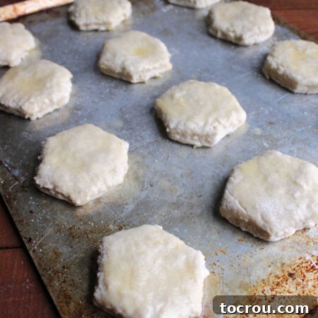 Perfectly Sweet Shortcake Biscuits 8 Sweet biscuit dough cut into hexagons on sheet pan brushed with butter and sprinkled with sugar, ready to bake.