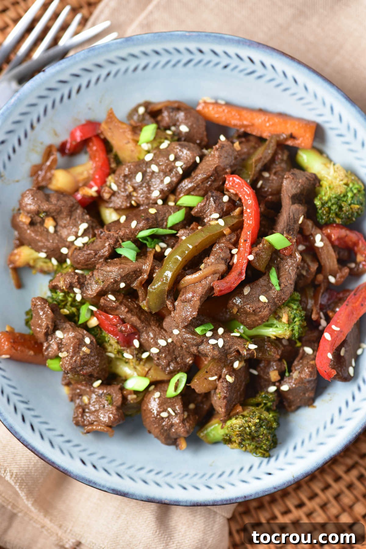 Plate of finished venison stir fry topped with sesame seeds, ready to eat. 