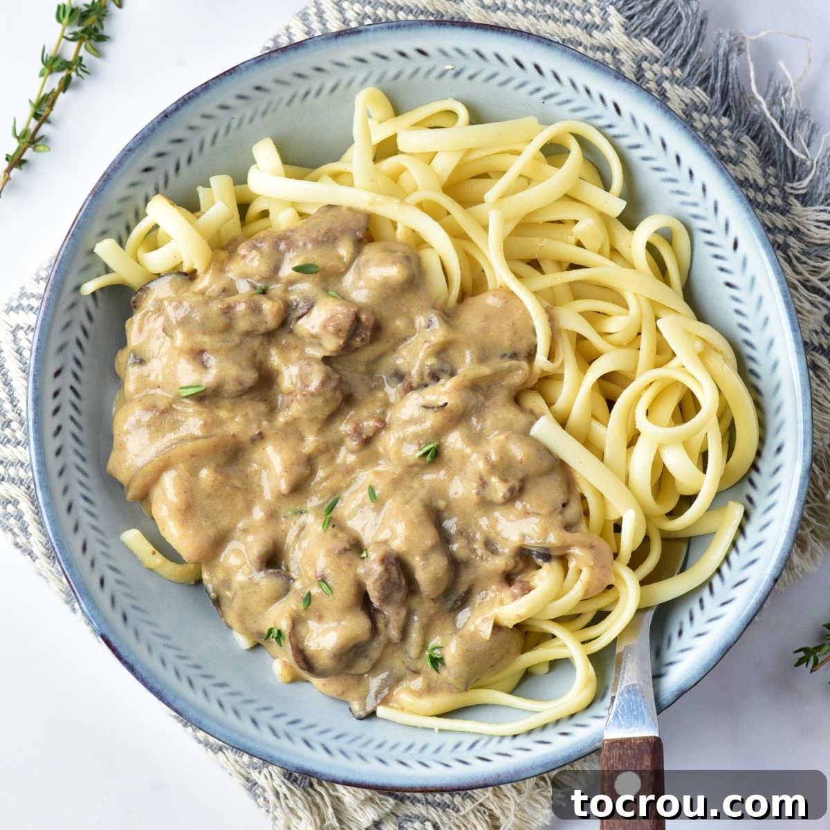 Rustic Venison Stroganoff 2 Bowl of egg noodles topped with creamy venison stroganoff, ready to eat.