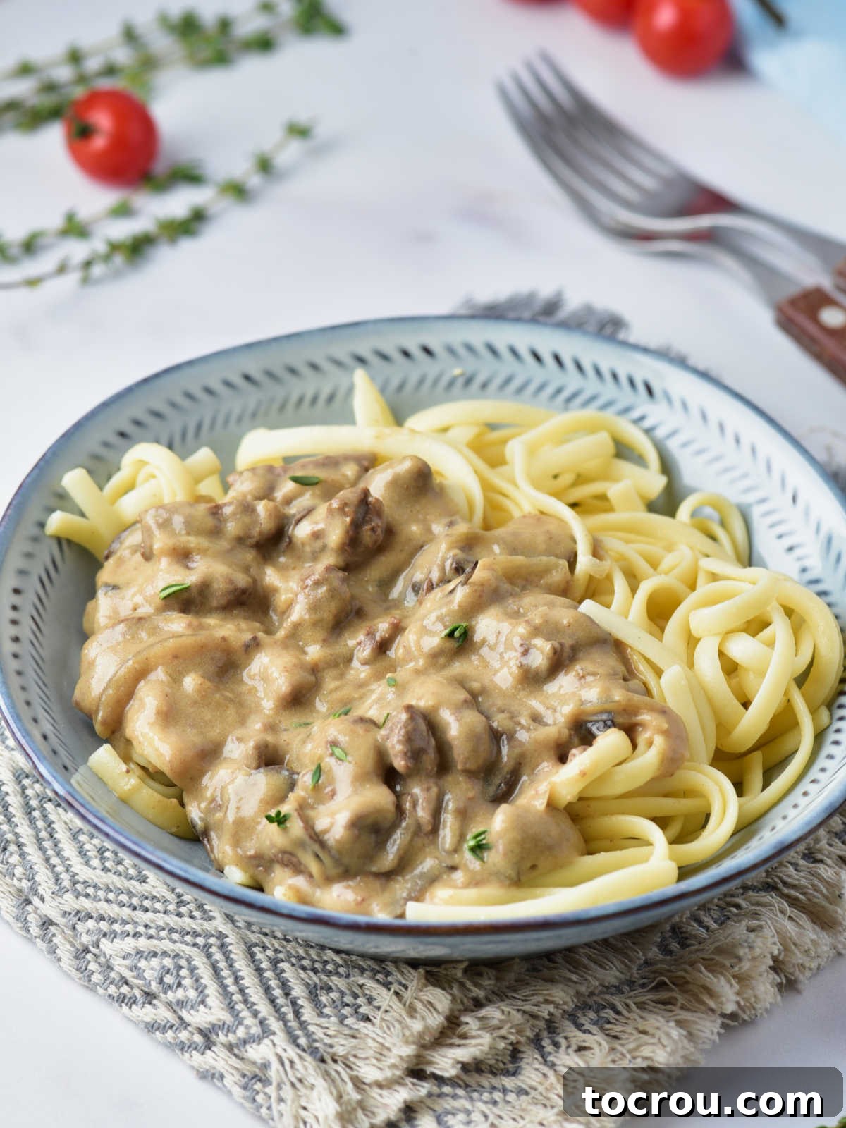 Rustic Venison Stroganoff 6 Bowl of creamy venison stroganoff with mushrooms, onions, and strips of meat in creamy gravy over egg noodles.