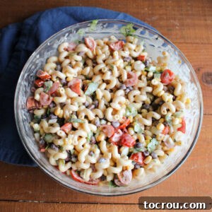 Mixing bowl of finished cowboy pasta salad.