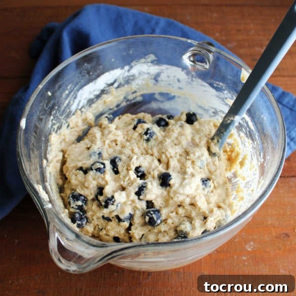 Bowl of thick sourdough blueberry muffin batter, ready to be scooped. 