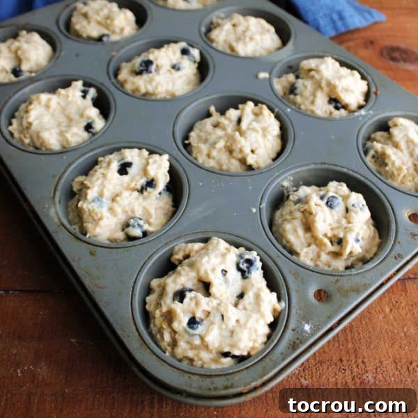 Blueberry sourdough muffin batter in cupcake tin showing mostly full wells, ready to bake. 