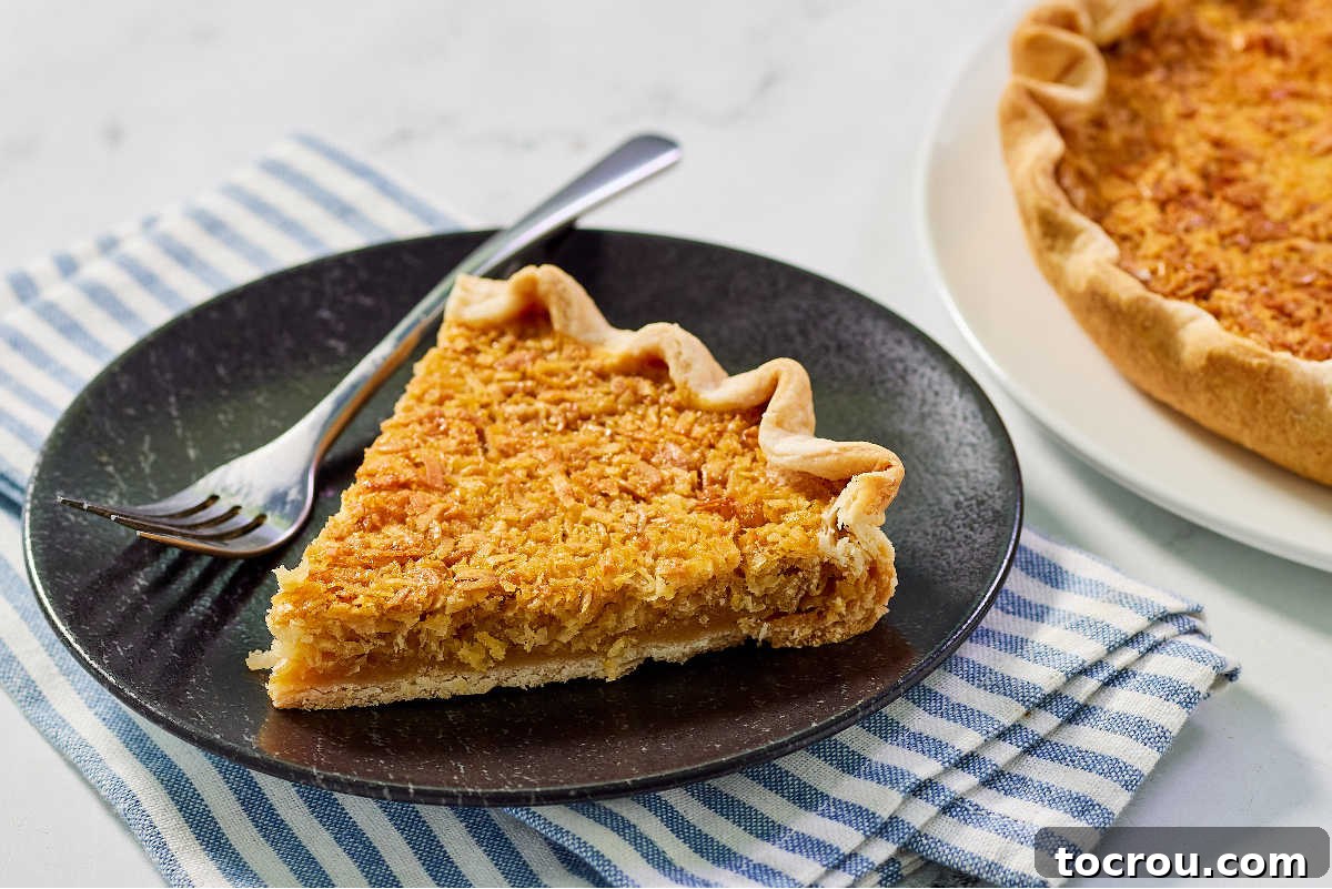 A perfectly baked slice of gooey oatmeal pie, adorned with golden-brown oats and coconut, resting on a white plate with the rest of the pie blurred in the background, ready to be savored.