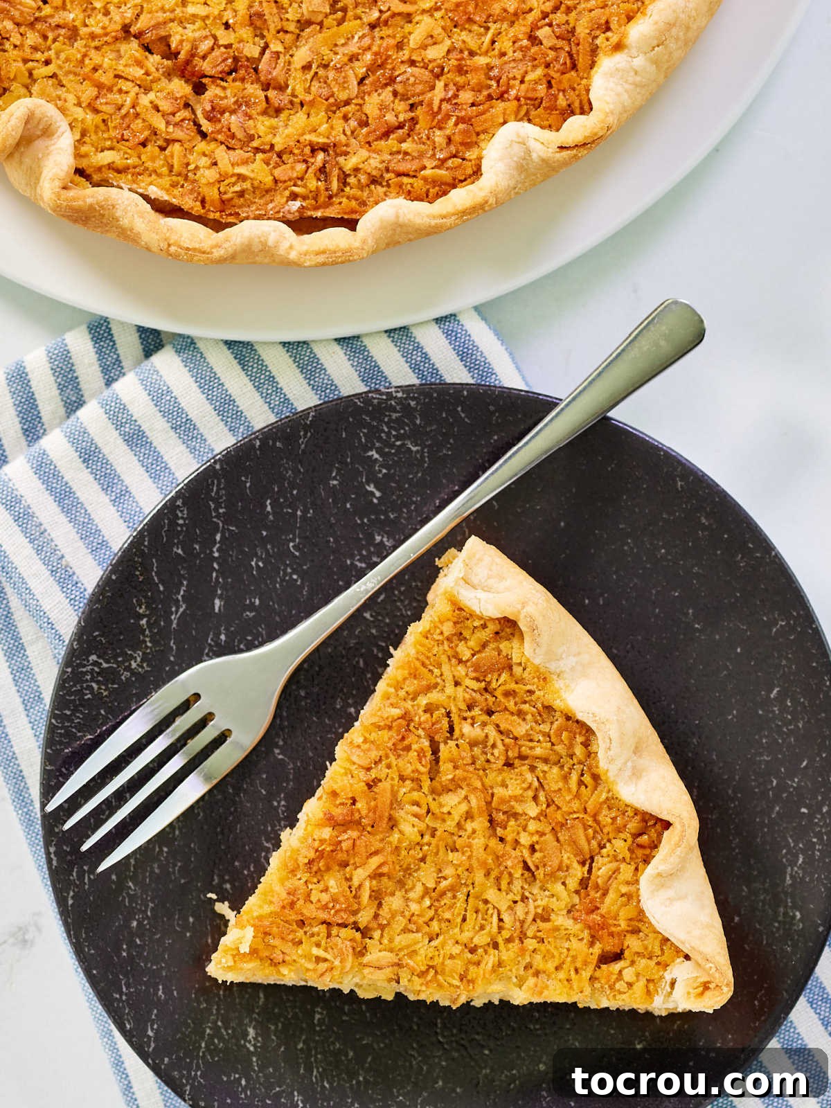 A close-up view of the golden-brown top of a freshly baked slice of oatmeal pie, showcasing its beautiful caramelized crust and the tempting bits of tender oatmeal and delicate coconut flakes peeking through the rich filling.