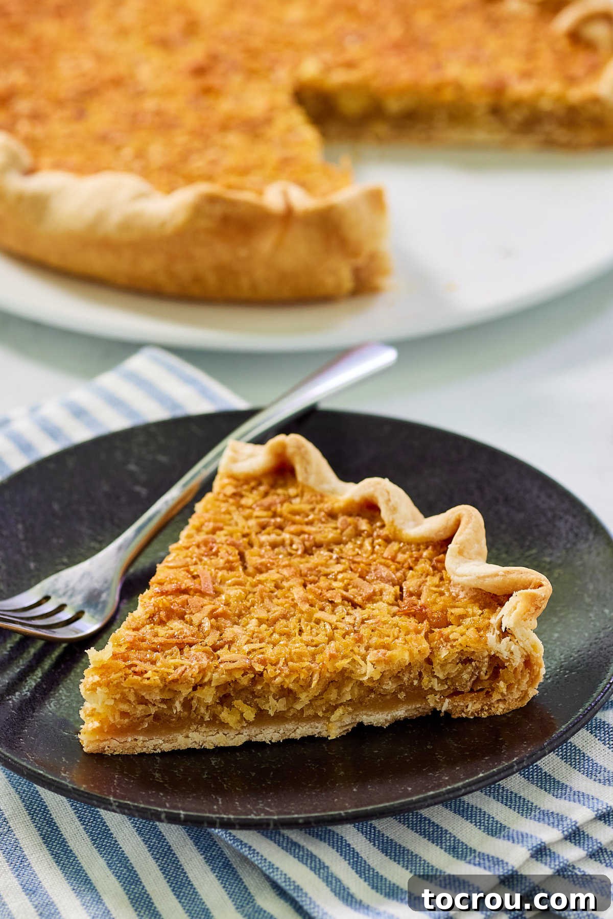 A beautifully presented slice of vintage oatmeal pie with coconut on a plate, revealing its inviting gooey texture and the perfectly crisped, golden-brown layer on top. A fork rests beside it, inviting the first taste.