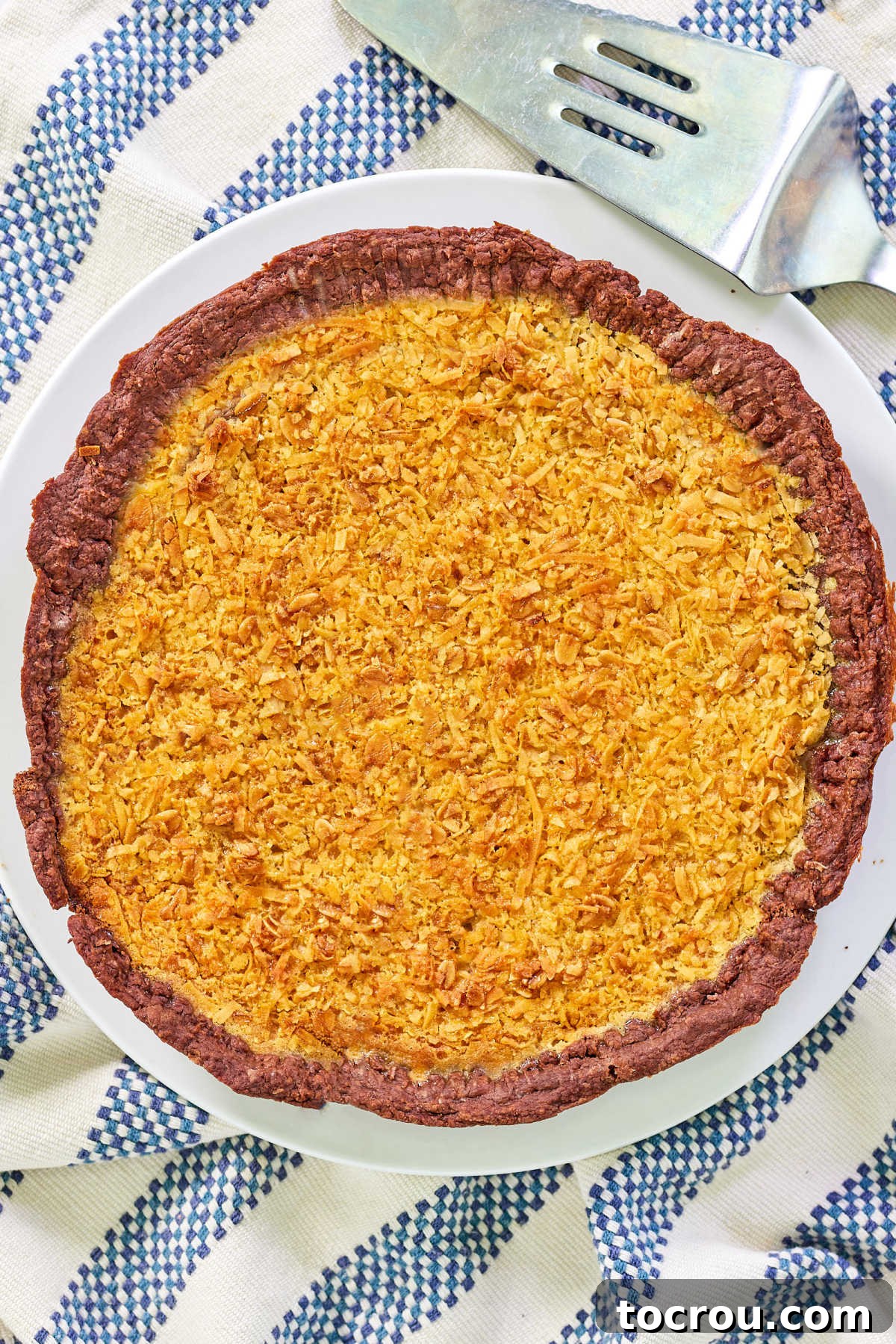 A fully baked pie featuring a rich chocolate pie crust perfectly encasing a delectable oatmeal coconut filling, showcasing a unique and flavorful variation of this classic dessert.