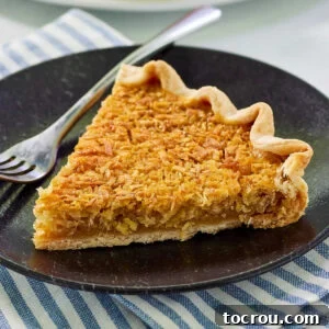 A dessert plate elegantly holds a single slice of oatmeal pie, featuring a thick, golden filling generously studded with tender oatmeal and sweet coconut. A fork rests beside it, signifying readiness for a delightful indulgence.