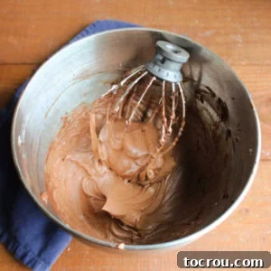 Mixer bowl with whisk attachment and creamy chocolate buttercream inside, perfectly smooth and ready to use.