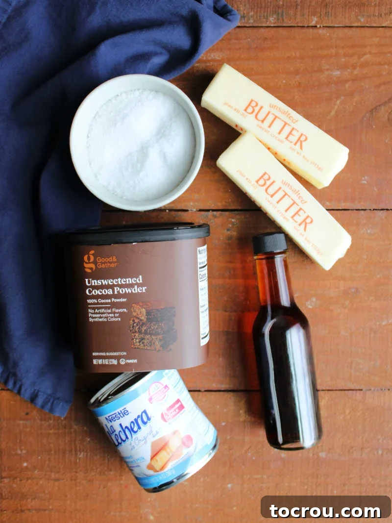 Carefully arranged ingredients for Russian chocolate frosting, including sticks of butter, a bottle of vanilla extract, a can of sweetened condensed milk, a bowl of cocoa powder, and a pinch of salt, all ready for preparation.