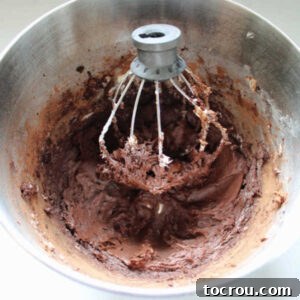 Thick butter and cocoa powder mixture swirling in a mixer bowl, blending into a dark, rich paste.