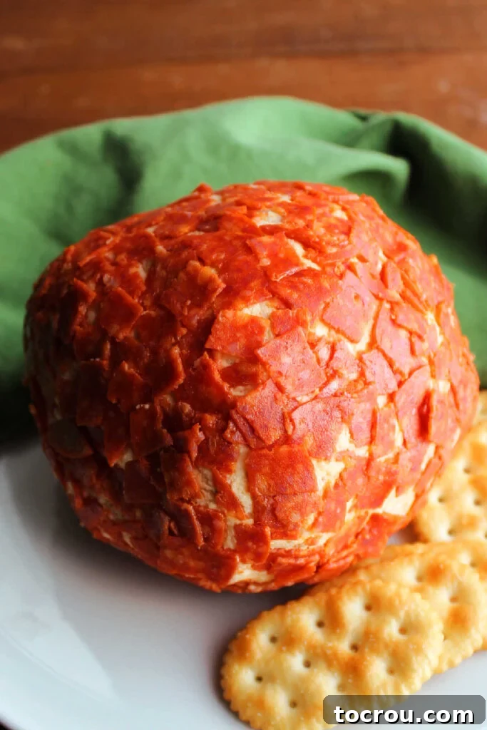 Pizza flavored cheese ball coated in pepperoni next to crackers ready to serve.