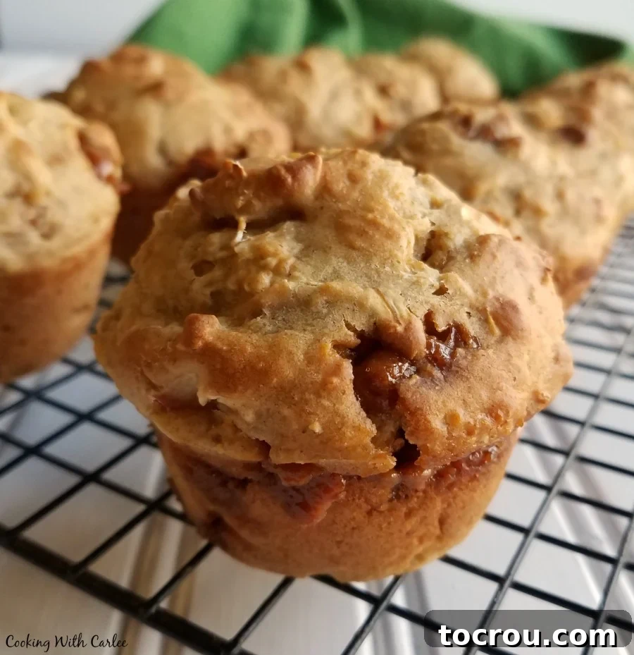 Delicious Caramel Apple Sourdough Muffin with Melty Caramel Close up of a freshly baked caramel apple sourdough muffin on a cooling rack, showcasing its melty caramel bits and golden-brown top.