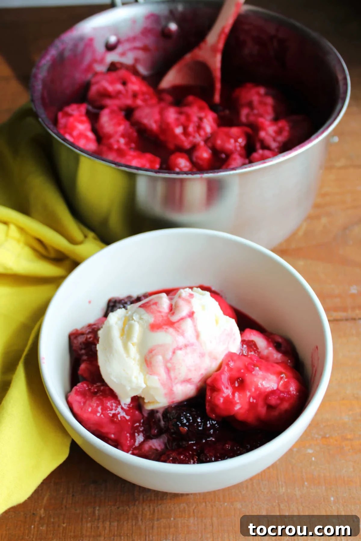 Bowl of warm blackberry dumplings topped with melty vanilla ice cream, ready to eat.