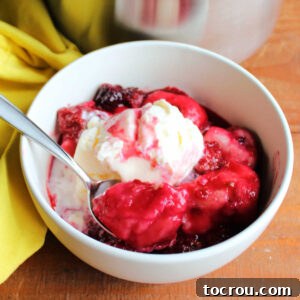 Bowl of blackberry dumplings with vanilla ice cream showing deep purple fluffy dumplings with plenty of sauce and berries.