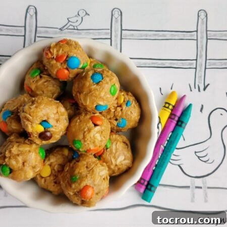 A vibrant bowl of monster cookie dough energy bites, featuring colorful M&Ms, oats, and peanut butter, ready to be enjoyed as a wholesome snack.