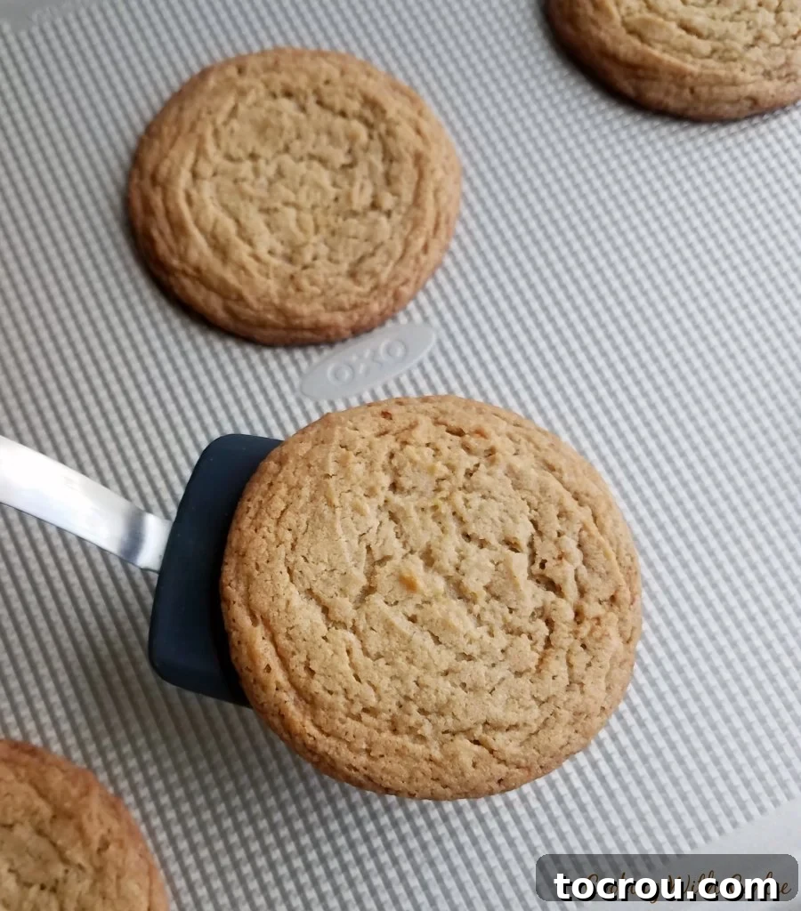 Freshly Baked Maple Cinnamon Cookies large maple cinnamon cookies fresh from oven with spatula taking cookie off tray.