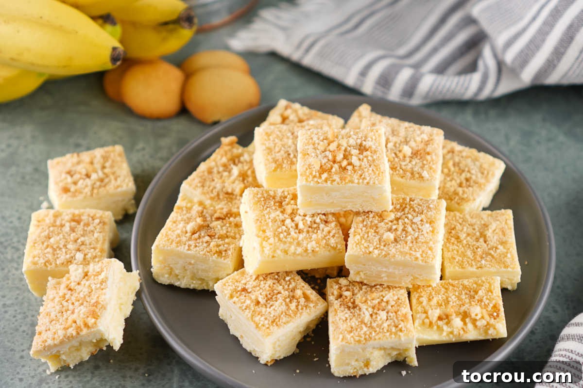 Delicious Banana Pudding Fudge Squares Pieces of banana pudding fudge with vanilla wafer bits on top, ready to eat.