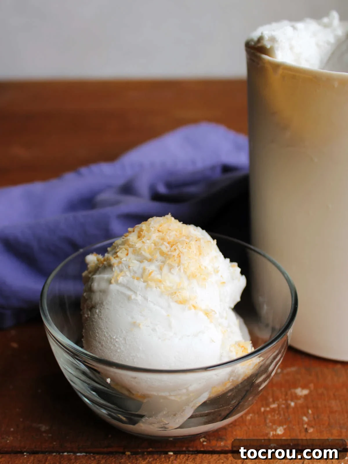 Small bowl of coconut ice cream topped with toasted coconut.