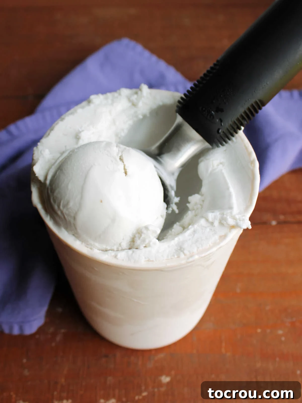 Ice cream scoop getting a ball of homemade coconut ice cream out of the storage container.