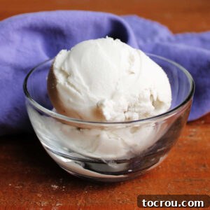 Small glass bowl filled with bright white creamy coconut ice cream.