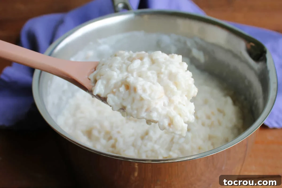 A serving spoon lifts a generous scoop of thick, creamy coconut rice pudding from a saucepan, showcasing its rich texture.
