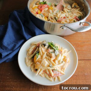 Plate of creamy pasta with feta, tomatoes, basil, and chicken, ready to eat.