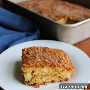 Grandma's Sour Cream Coffee Cake Piece of sour cream coffee cake with cinnamon brown sugar filling and topping on plate in front of pan with remaining cake inside.