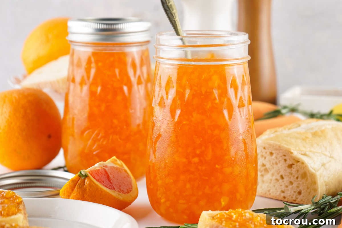 Sun-Kissed Orange Marmalade 2 Two jars of homemade orange marmalade next to a baguette with some spread on toasted slices.