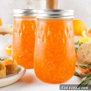 Two jars of homemade orange marmalade, ready to use.