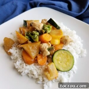 Dinner plate with stir fried chicken and vegetables in light sauce served over a bed of rice.