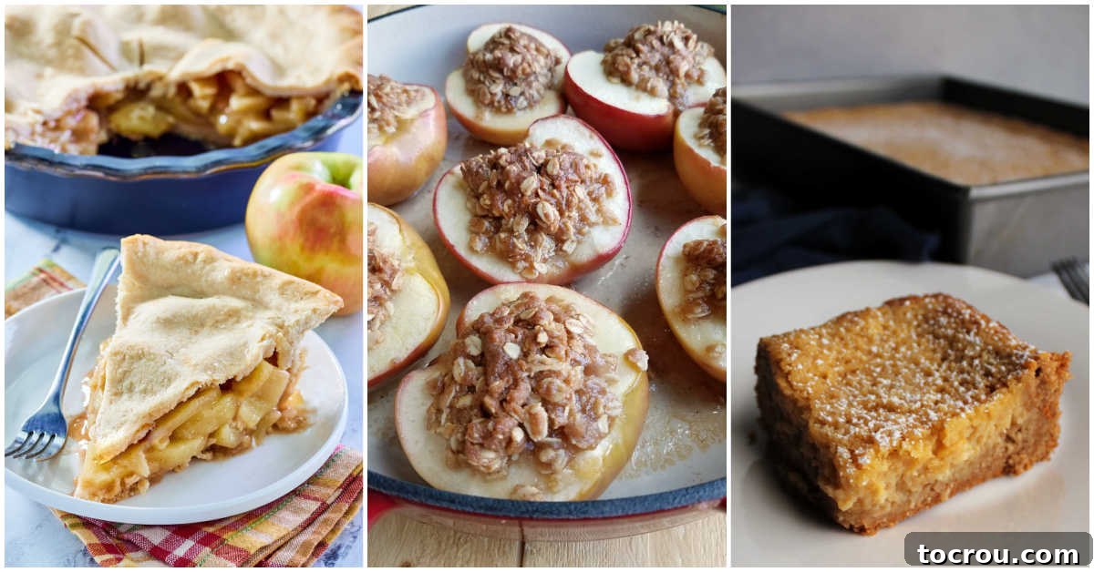 A delightful collage showcasing various apple desserts: a generously deep dish apple pie with a golden crust, baked apple halves glistening with sweetness, and a rich apple gooey butter cake, all signaling the comforting flavors of fall.