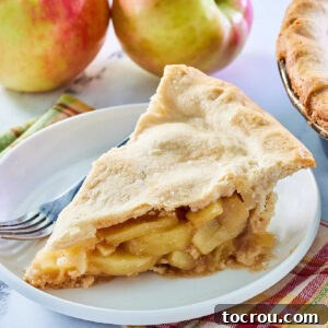 A golden-brown slice of deep-dish apple pie, revealing layers of tender, cinnamon-spiced apple slices and a perfectly baked, flaky crust.