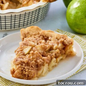 A delicious slice of old-fashioned Dutch apple pie, featuring a generous buttery crumb topping and softened, spiced apple slices in a classic pastry crust, ready to be enjoyed.