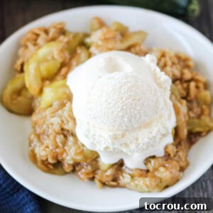 Plate of gooey zucchini zapple crisp with scoop of vanilla ice cream, ready to eat.