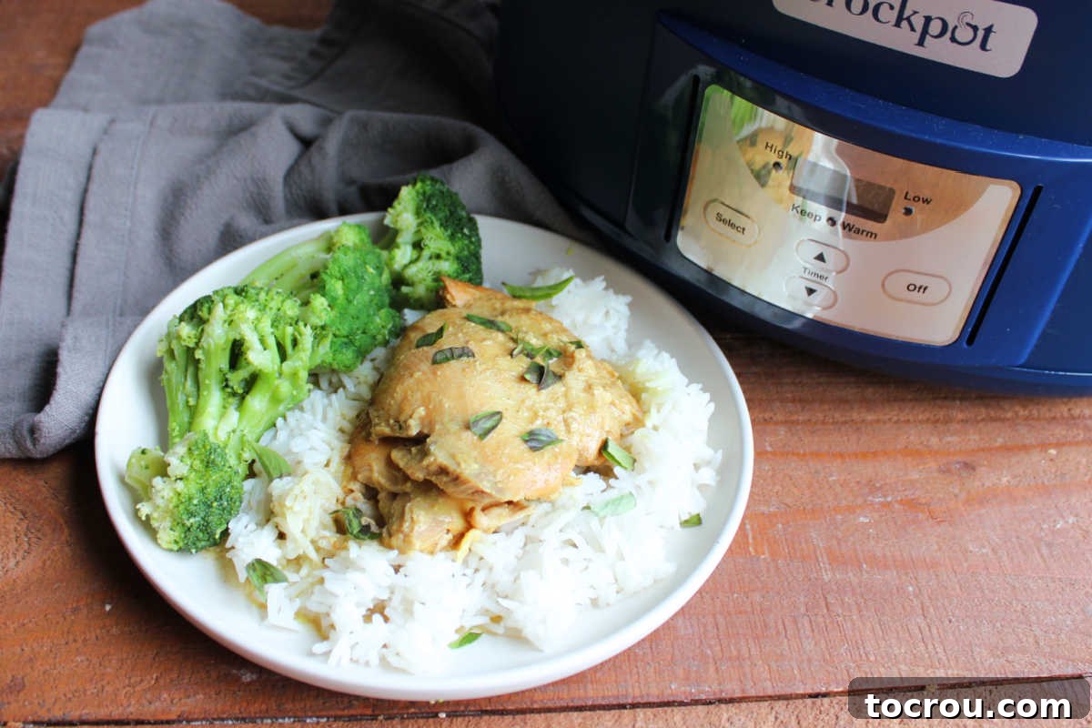 Dinner plate with crockpot curried coconut lime chicken served over rice with steamed broccoli. A perfectly cooked, easy weeknight meal.