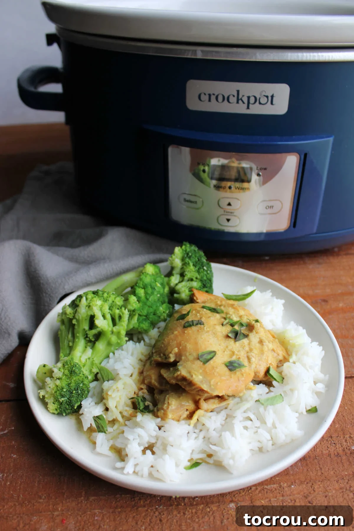 A hearty serving of crockpot coconut lime chicken and rice with a side of steamed broccoli, perfectly portioned for dinner.