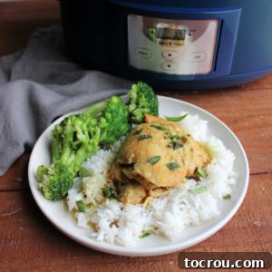 Crockpot coconut lime chicken served over rice with steamed broccoli on a plate in front of the crockpot it was cooked in.