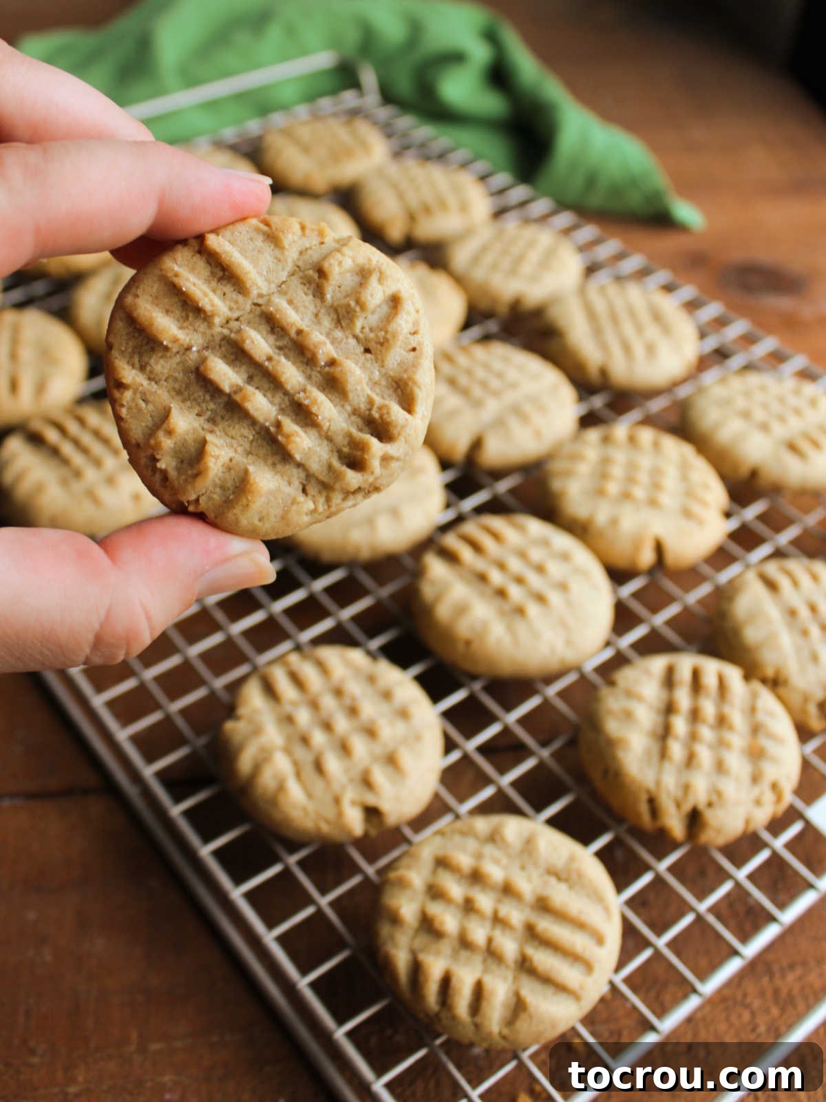 Hand holding a freshly baked, soft sourdough peanut butter cookie, showcasing its distinct fork marks. More cookies cool on a wire rack in the background.