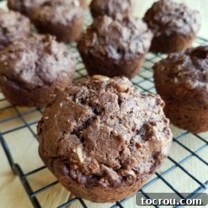 Golden-brown chocolate peanut butter sourdough muffins cooling on a wire rack, perfect for a delightful breakfast or snack.