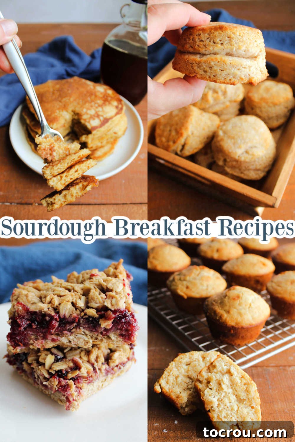 Another appealing collage featuring various sourdough breakfast delights: fluffy sourdough pancakes, golden sourdough biscuits, an assortment of sourdough muffins, and wholesome jam-filled sourdough breakfast bars.