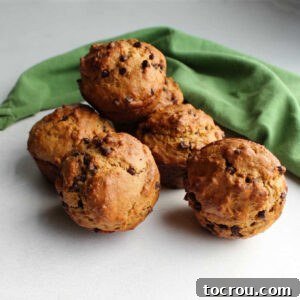 A delectable pile of oatmeal chocolate chip sourdough muffins, invitingly ready to be enjoyed as a wholesome breakfast or snack.