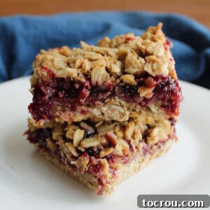 Two jam-filled sourdough breakfast bars stacked, revealing a vibrant raspberry jam center between wholesome sourdough and oat layers.