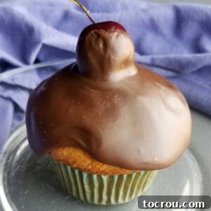Close up of a chocolate topped cherry cupcake, illustrating the smooth, shiny fudge.