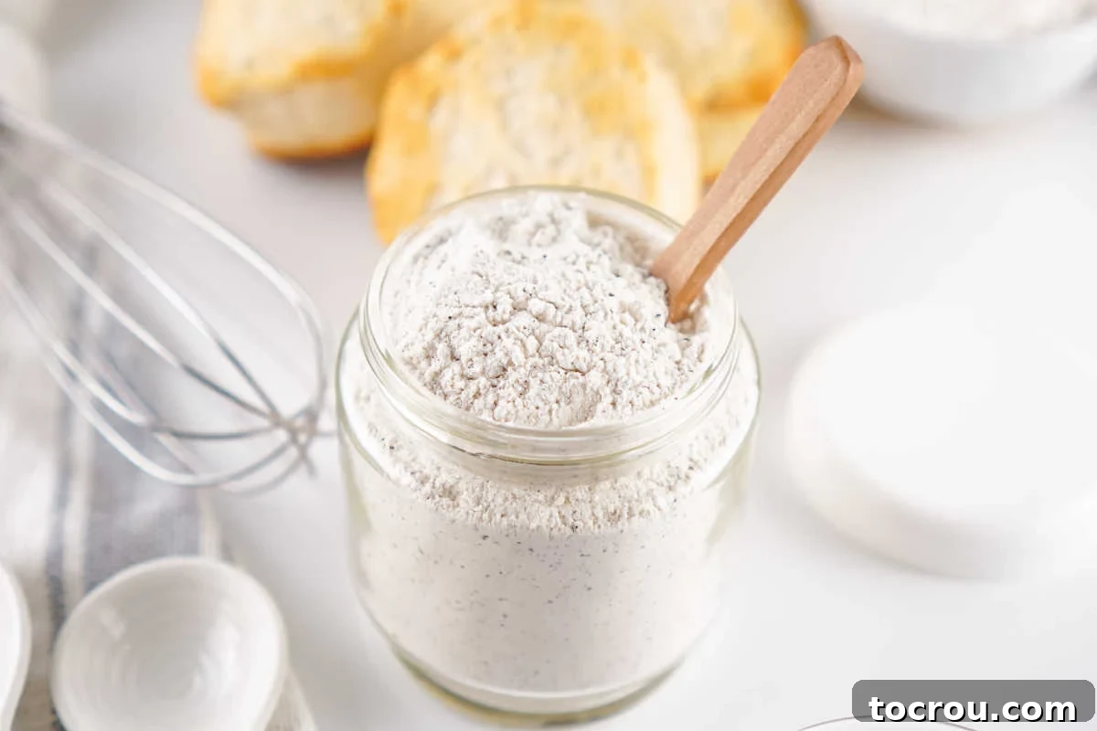 Jar of homemade white gravy mix made from flour, powdered milk, salt, and pepper, ready for use.